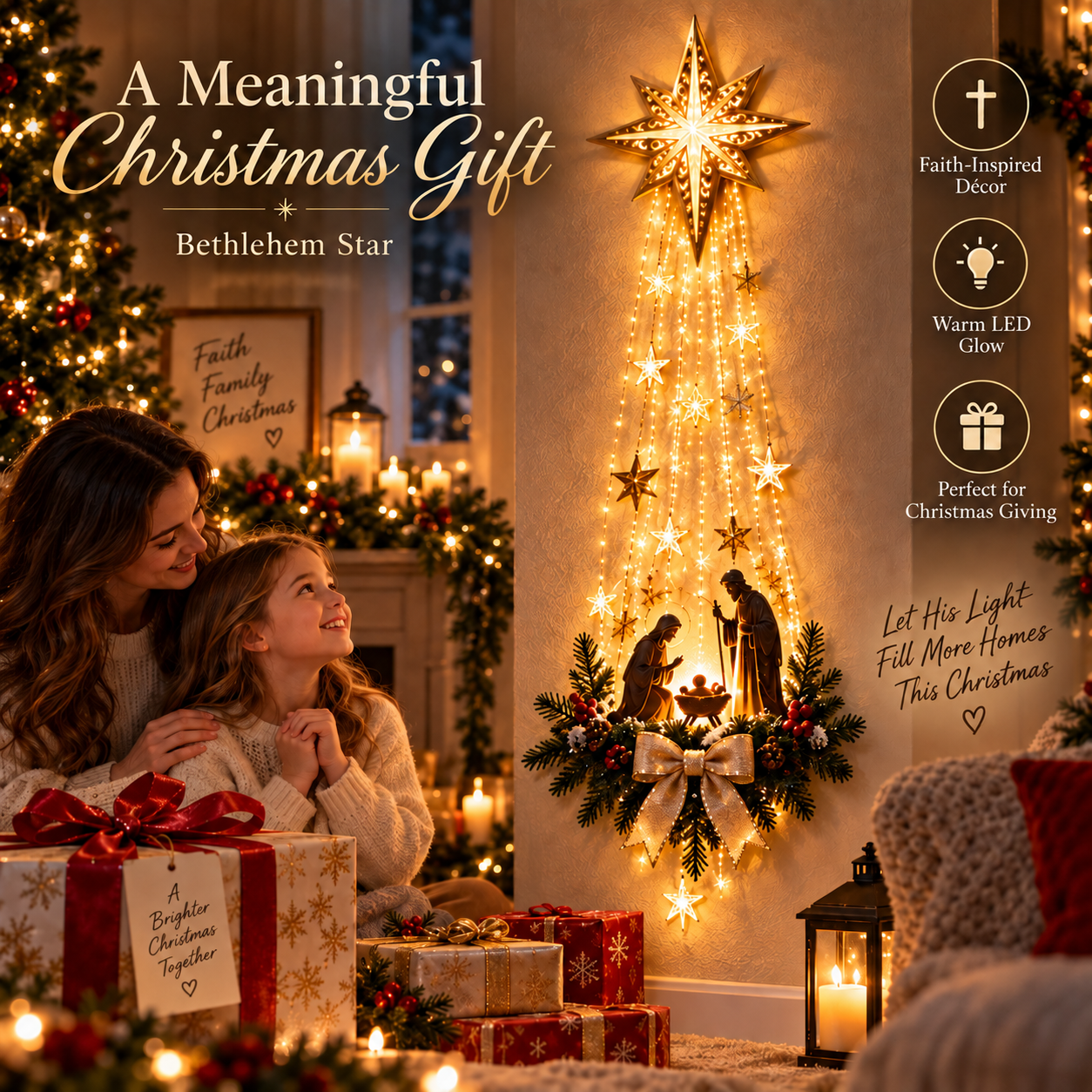Mother and daughter beside the Bethlehem Star nativity wall light at Christmas